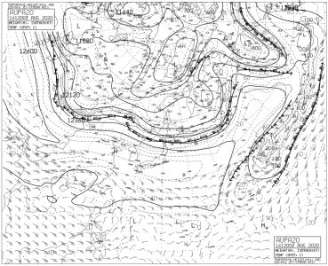 AUPA20 アジア太平洋200hPa高度・気温・風・圏界面天気図（8月16日12時）