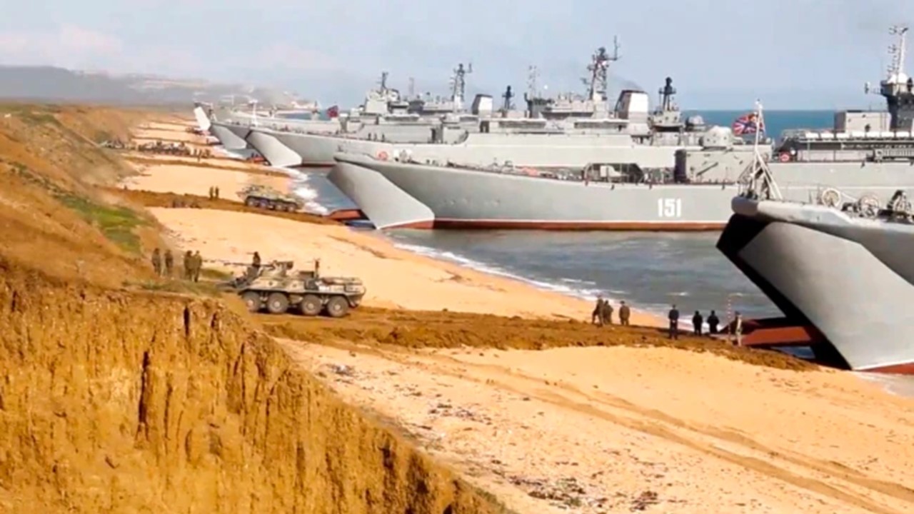 Russian troops boarding landing vessels