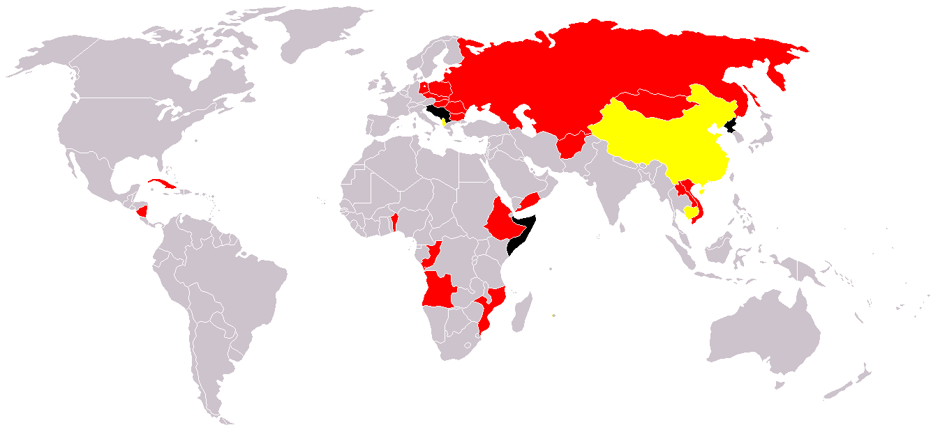 中ソ対立と東側諸国　赤＝ソビエト連邦側　黄色＝中華人民共和国側　黒＝中立